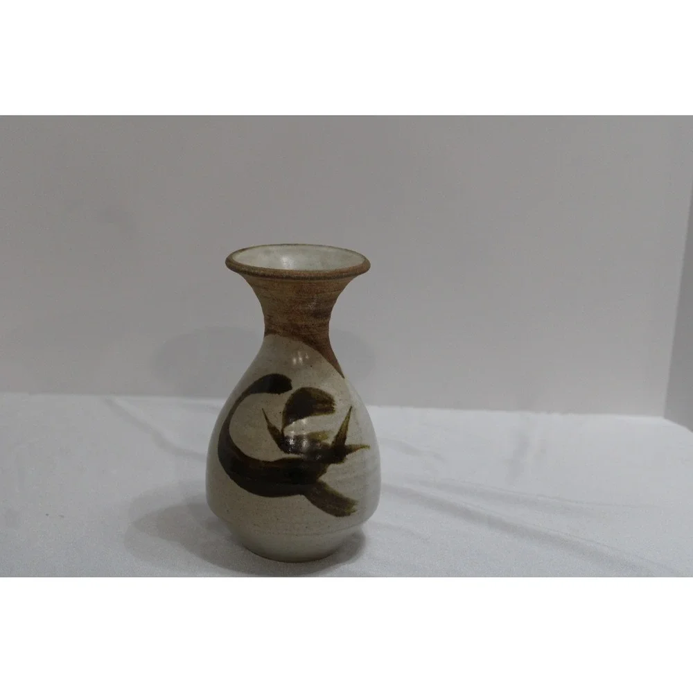 Studio Pottery Bud Vase Handcrafted Stoneware Abstract Brown Brushstrokes 5.25